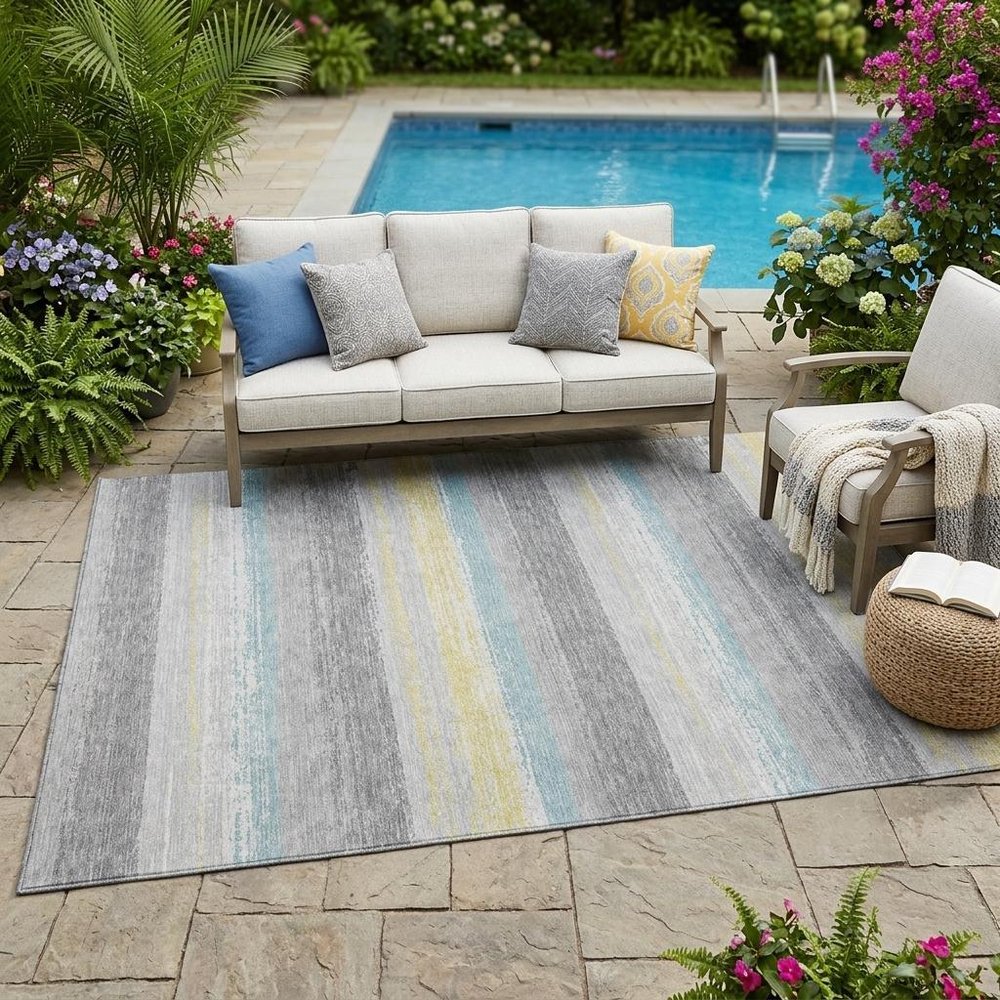 5' X 8' Silver And Taupe Striped Washable Indoor Outdoor Area Rug