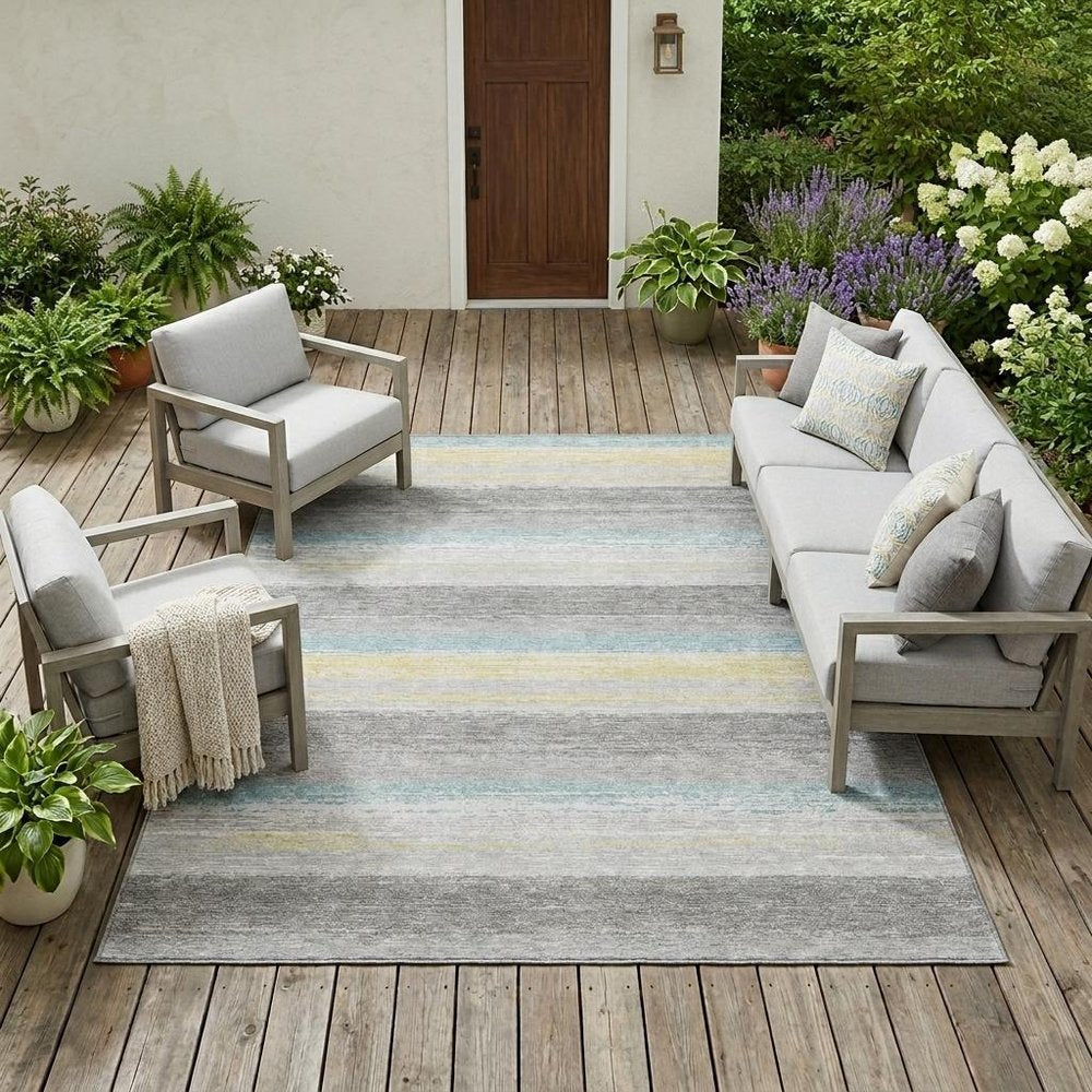 8' X 10' Silver And Taupe Striped Washable Indoor Outdoor Area Rug