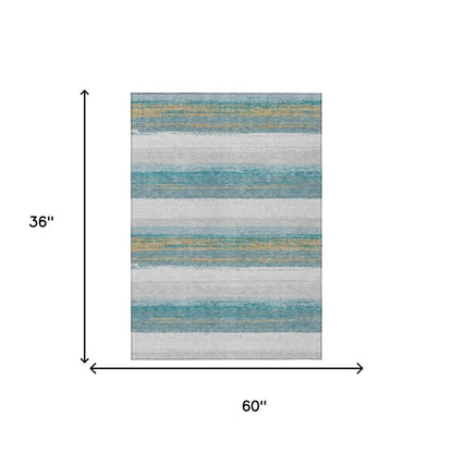 3' X 5' Teal Blue And Gray Striped Washable Indoor Outdoor Area Rug