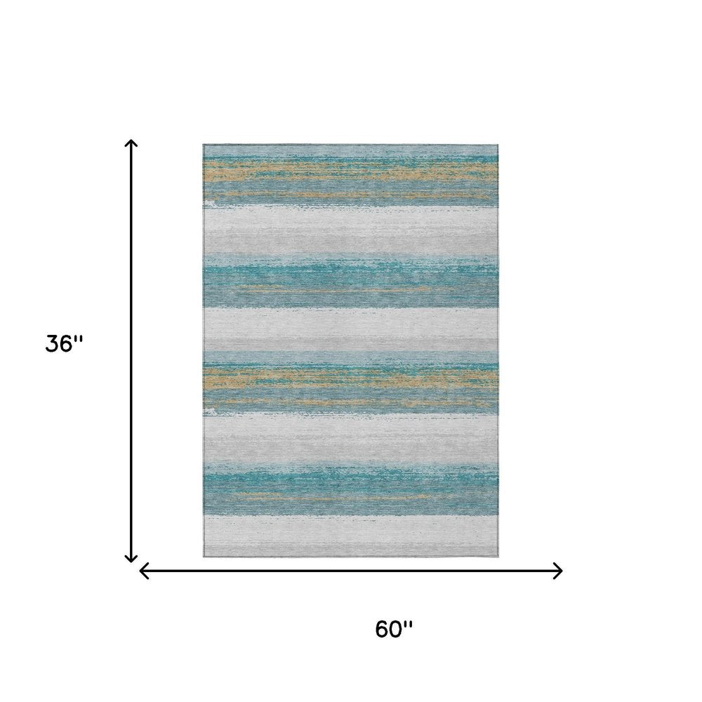3' X 5' Teal Blue And Gray Striped Washable Indoor Outdoor Area Rug — view 4
