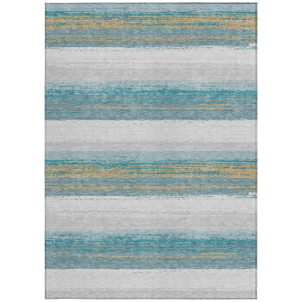 3' X 5' Teal Blue And Gray Striped Washable Indoor Outdoor Area Rug HomeRoots
