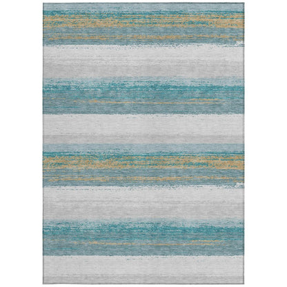 3' X 5' Teal Blue And Gray Striped Washable Indoor Outdoor Area Rug