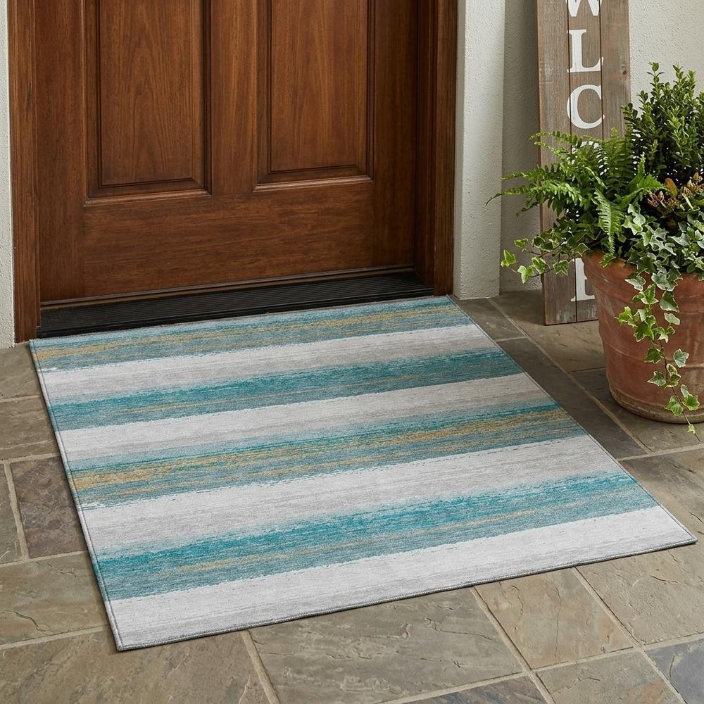 3' X 5' Teal Blue And Gray Striped Washable Indoor Outdoor Area Rug — view 6