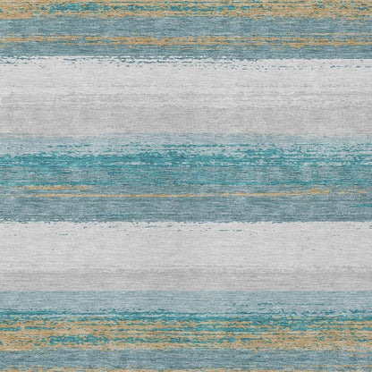 3' X 5' Teal Blue And Gray Striped Washable Indoor Outdoor Area Rug HomeRoots
