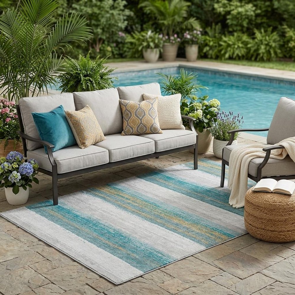 5' X 8' Teal Blue And Gray Striped Washable Indoor Outdoor Area Rug HomeRoots