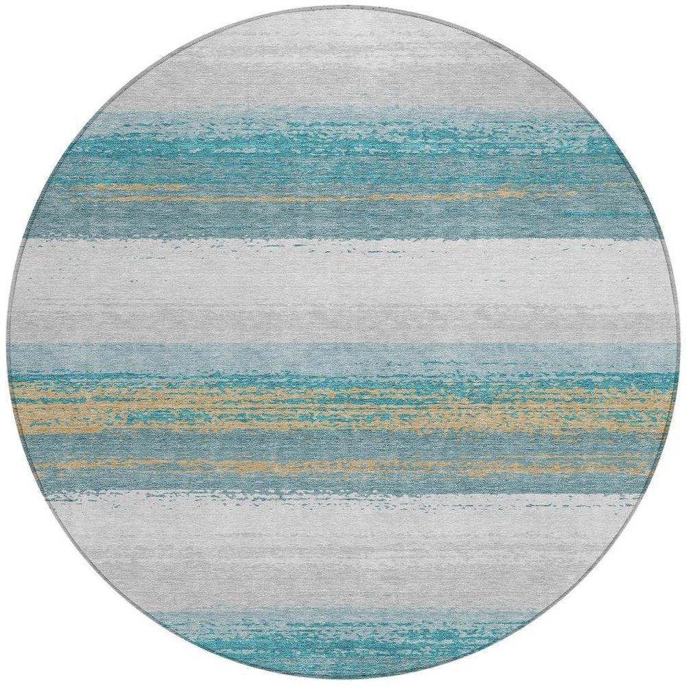 8' Teal Blue And Gray Round Striped Washable Indoor Outdoor Area Rug — view 6