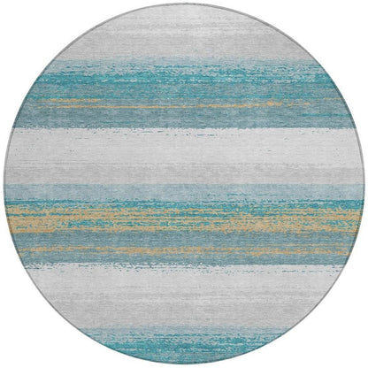 8' Teal Blue And Gray Round Striped Washable Indoor Outdoor Area Rug HomeRoots