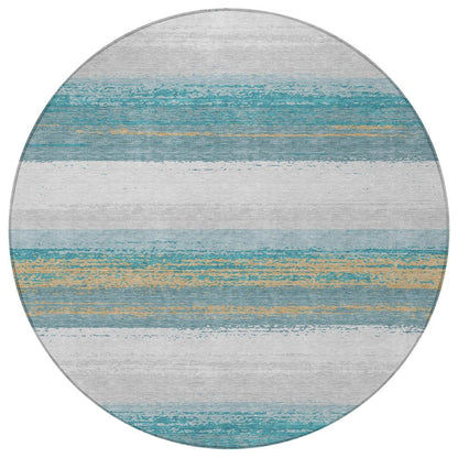 8' Teal Blue And Gray Round Striped Washable Indoor Outdoor Area Rug HomeRoots
