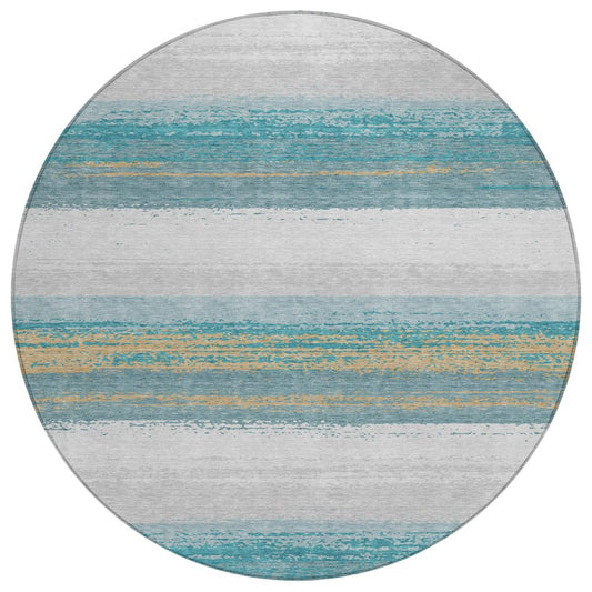 8' Teal Blue And Gray Round Striped Washable Indoor Outdoor Area Rug