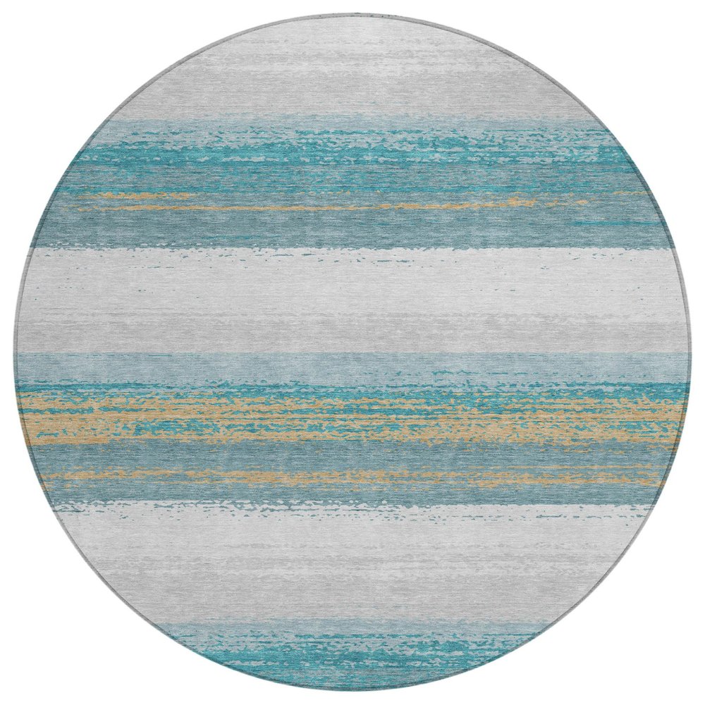 8' Teal Blue And Gray Round Striped Washable Indoor Outdoor Area Rug — view 1