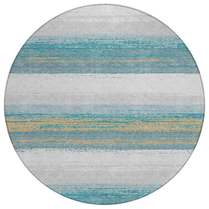 8' Teal Blue And Gray Round Striped Washable Indoor Outdoor Area Rug HomeRoots