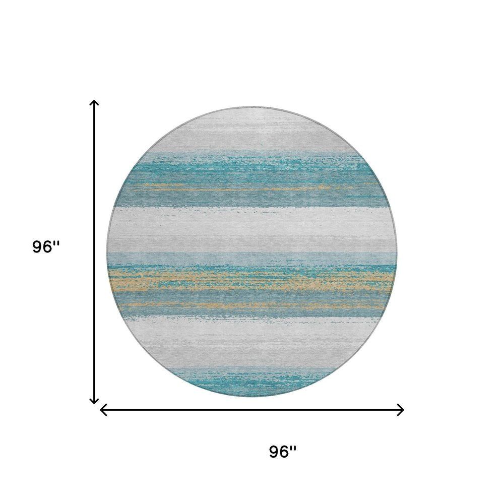 8' Teal Blue And Gray Round Striped Washable Indoor Outdoor Area Rug — view 4