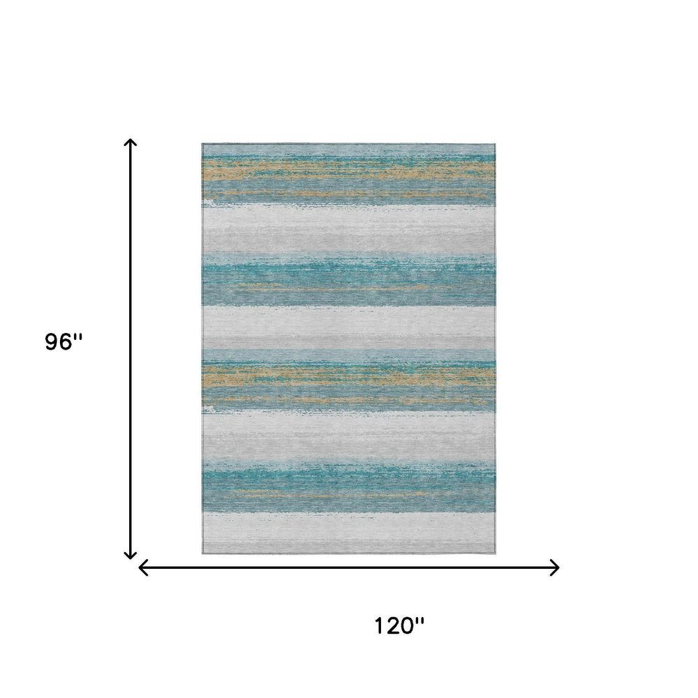 8' X 10' Teal Blue And Gray Striped Washable Indoor Outdoor Area Rug HomeRoots