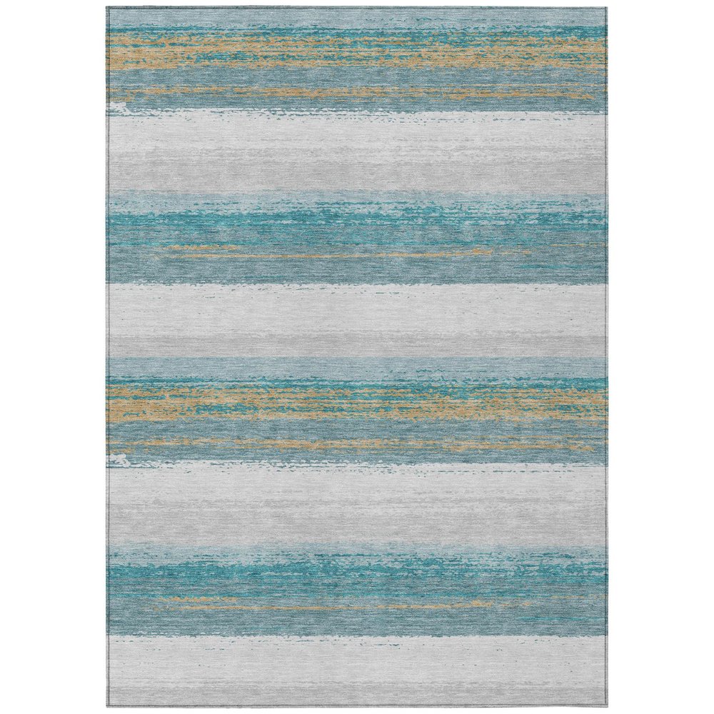 8' X 10' Teal Blue And Gray Striped Washable Indoor Outdoor Area Rug HomeRoots