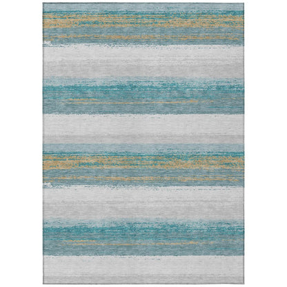 8' X 10' Teal Blue And Gray Striped Washable Indoor Outdoor Area Rug HomeRoots