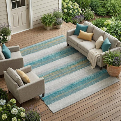 8' X 10' Teal Blue And Gray Striped Washable Indoor Outdoor Area Rug HomeRoots