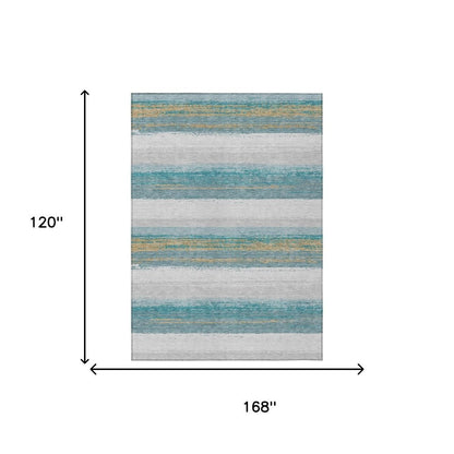 10' X 14' Teal Blue And Gray Striped Washable Indoor Outdoor Area Rug HomeRoots