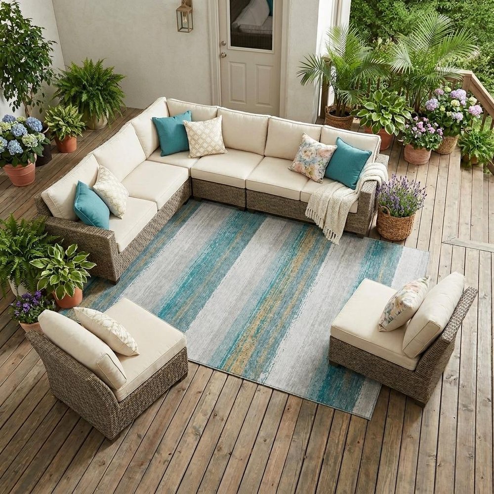 10' X 14' Teal Blue And Gray Striped Washable Indoor Outdoor Area Rug — view 5