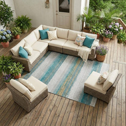 10' X 14' Teal Blue And Gray Striped Washable Indoor Outdoor Area Rug HomeRoots