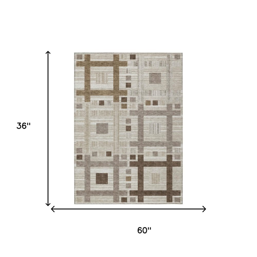 3' X 5' Beige And Brown Geometric Washable Indoor Outdoor Area Rug — view 4