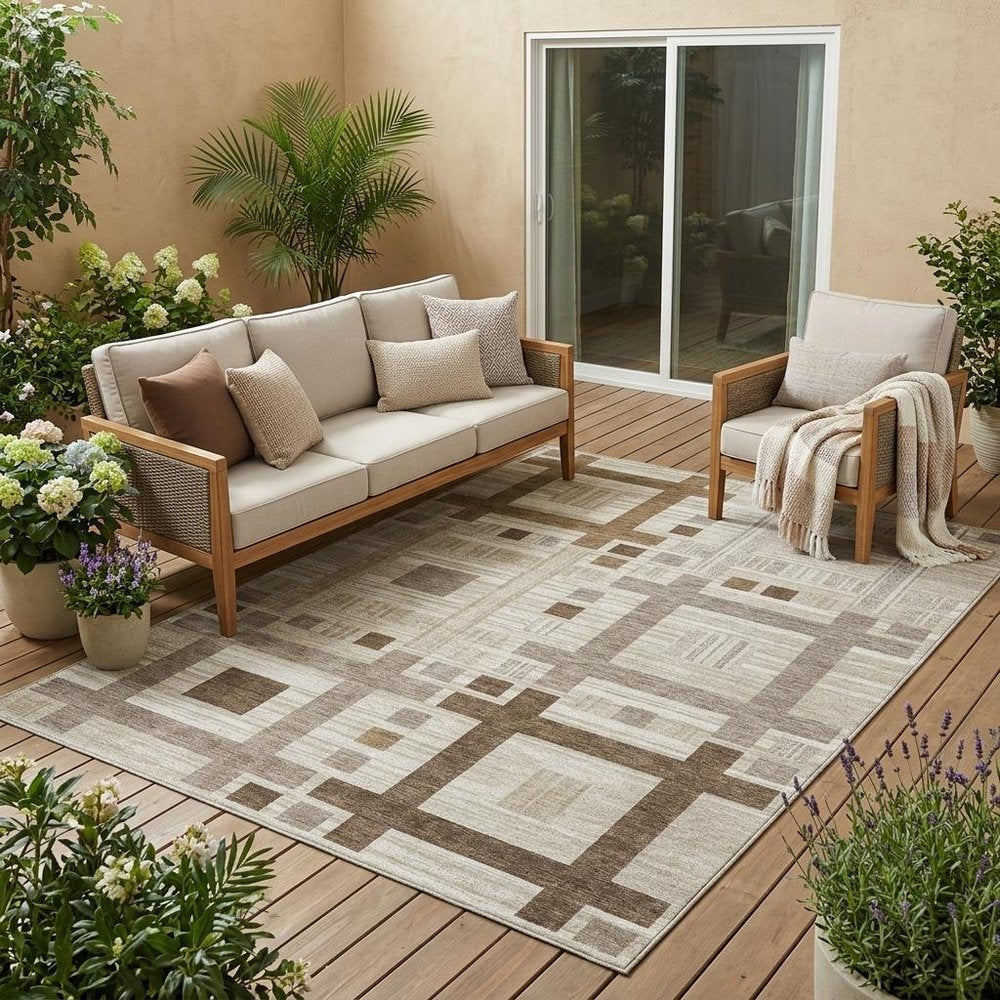 5' X 8' Beige And Brown Geometric Washable Indoor Outdoor Area Rug — view 6