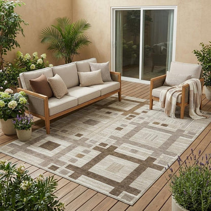 5' X 8' Beige And Brown Geometric Washable Indoor Outdoor Area Rug HomeRoots