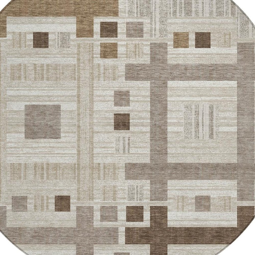 8' Beige And Brown Round Geometric Washable Indoor Outdoor Area Rug HomeRoots