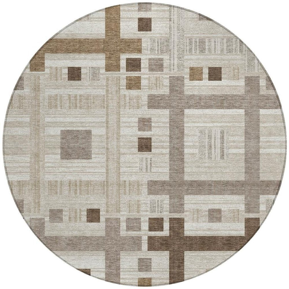 8' Beige And Brown Round Geometric Washable Indoor Outdoor Area Rug — view 7