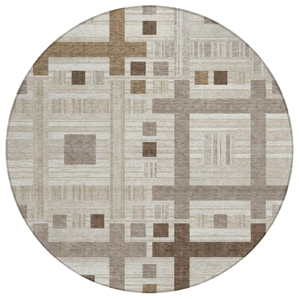 8' Beige And Brown Round Geometric Washable Indoor Outdoor Area Rug — view 1