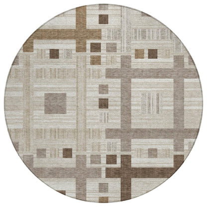 8' Beige And Brown Round Geometric Washable Indoor Outdoor Area Rug HomeRoots