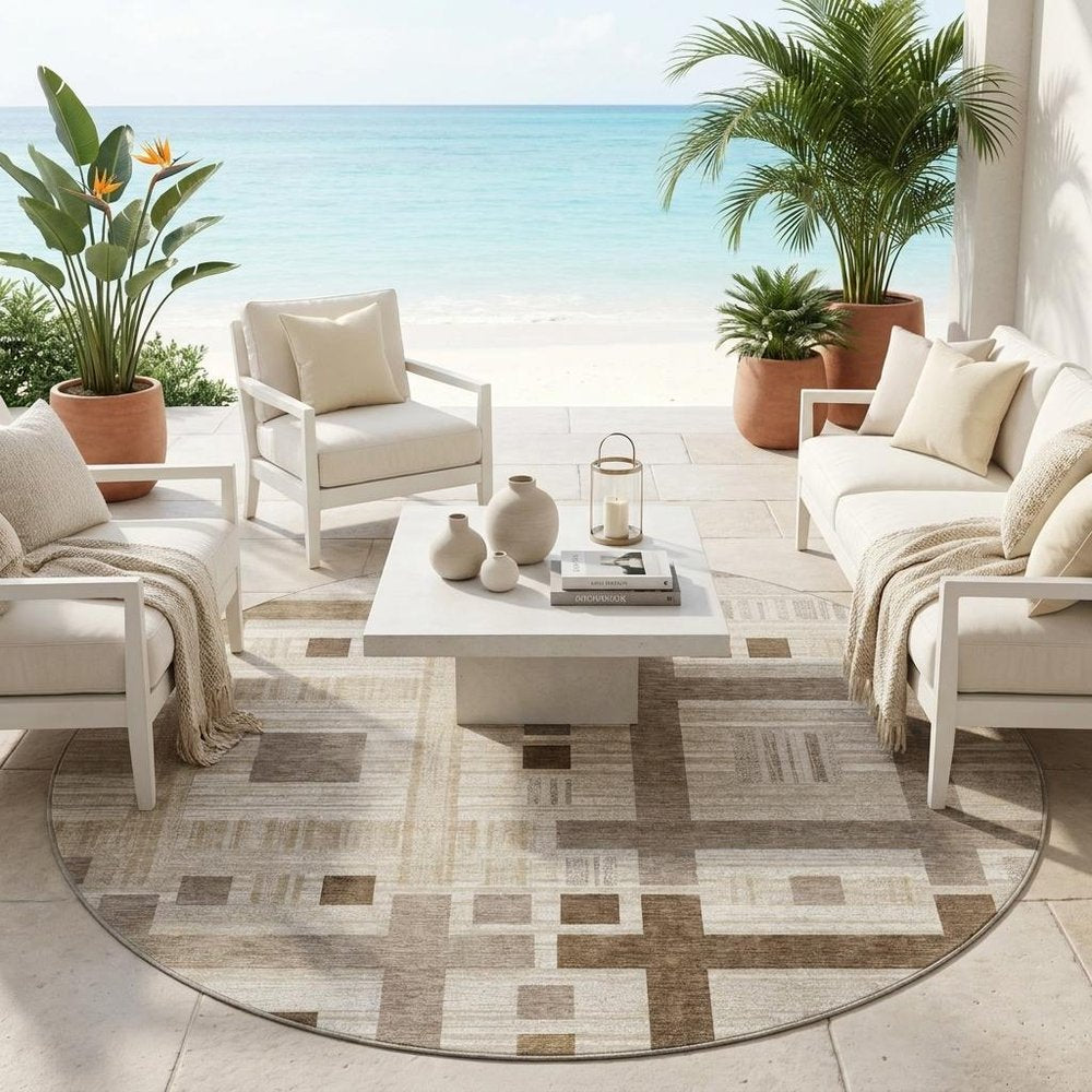 8' Beige And Brown Round Geometric Washable Indoor Outdoor Area Rug — view 5