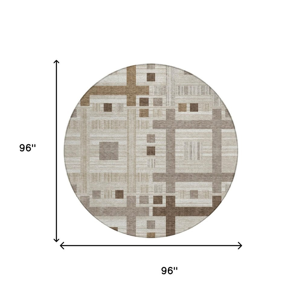 8' Beige And Brown Round Geometric Washable Indoor Outdoor Area Rug HomeRoots
