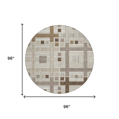 8' Beige And Brown Round Geometric Washable Indoor Outdoor Area Rug HomeRoots