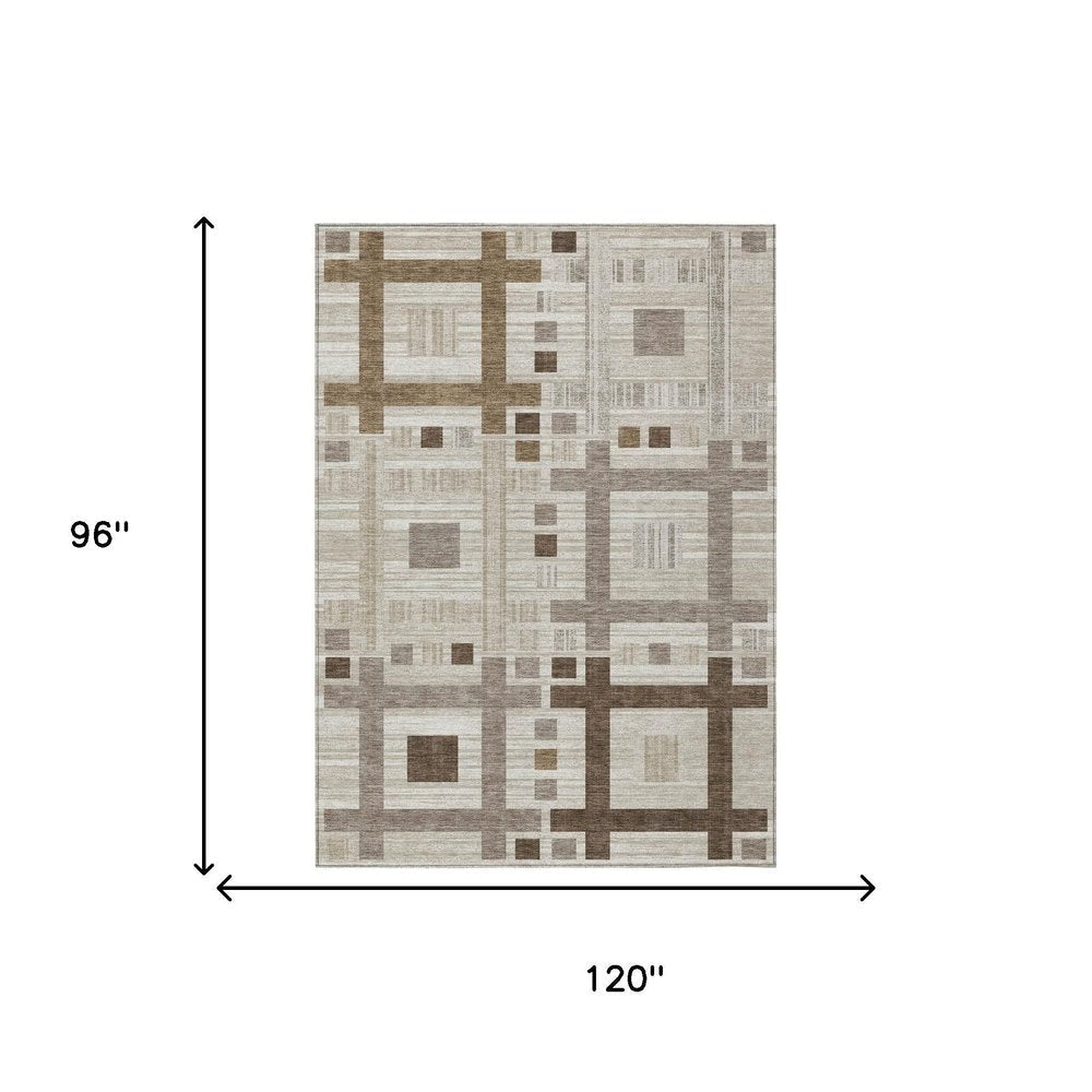 8' X 10' Beige And Brown Geometric Washable Indoor Outdoor Area Rug HomeRoots