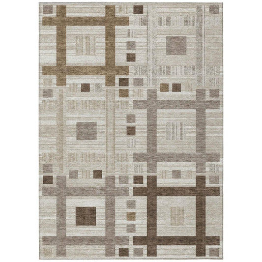 9' X 12' Beige And Brown Geometric Washable Indoor Outdoor Area Rug