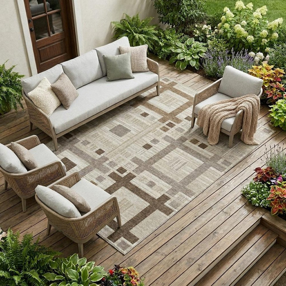 9' X 12' Beige And Brown Geometric Washable Indoor Outdoor Area Rug — view 5