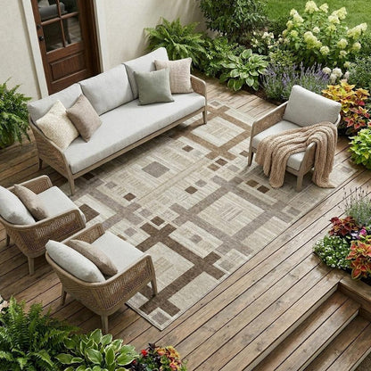9' X 12' Beige And Brown Geometric Washable Indoor Outdoor Area Rug HomeRoots