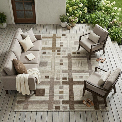 10' X 14' Beige And Brown Geometric Washable Indoor Outdoor Area Rug HomeRoots