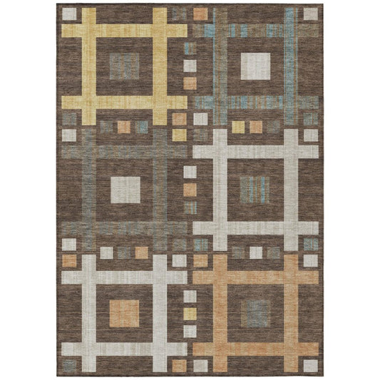 9' X 12' Chocolate And Graphite Geometric Washable Indoor Outdoor Area Rug