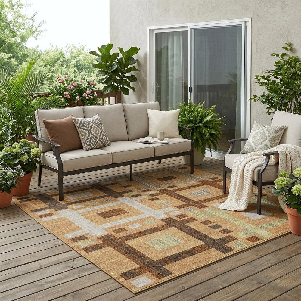 5' X 8' Copper And Brown Geometric Washable Indoor Outdoor Area Rug — view 5