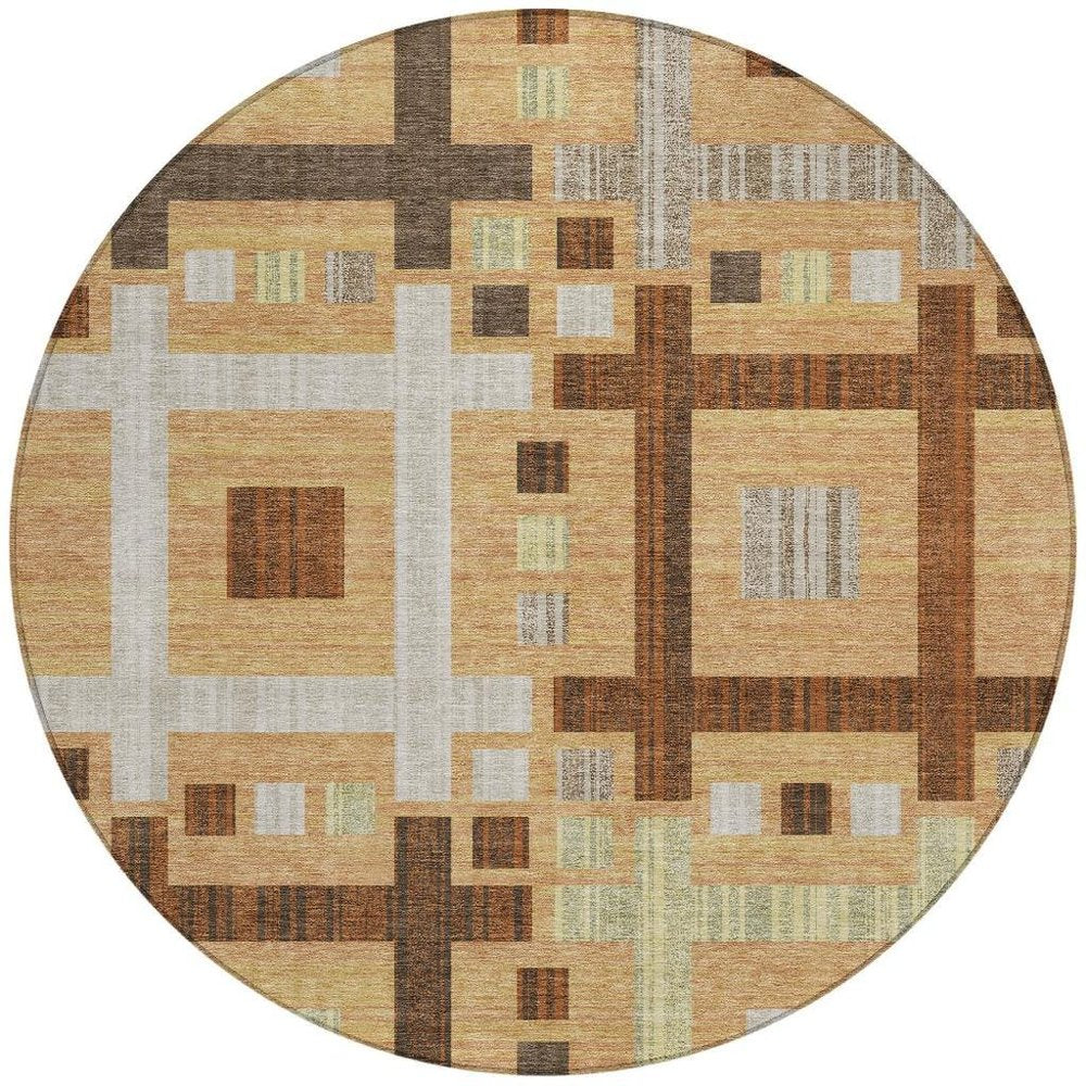 8' Copper And Brown Round Geometric Washable Indoor Outdoor Area Rug