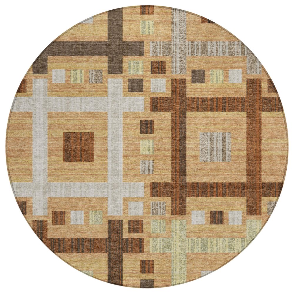 8' Copper And Brown Round Geometric Washable Indoor Outdoor Area Rug