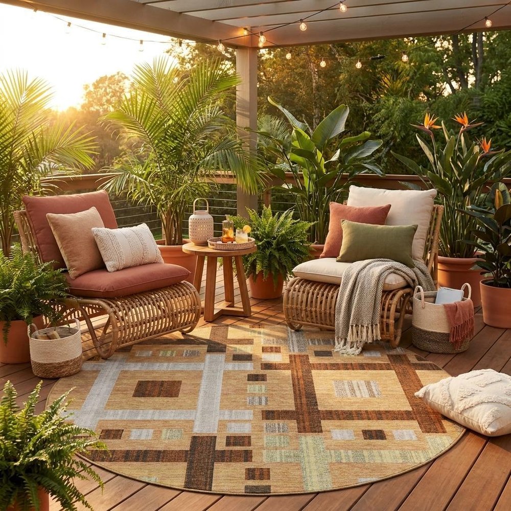 8' Copper And Brown Round Geometric Washable Indoor Outdoor Area Rug HomeRoots
