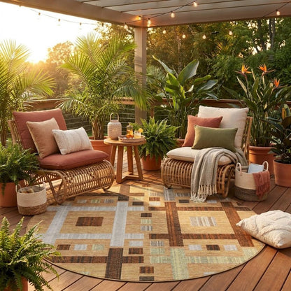 8' Copper And Brown Round Geometric Washable Indoor Outdoor Area Rug