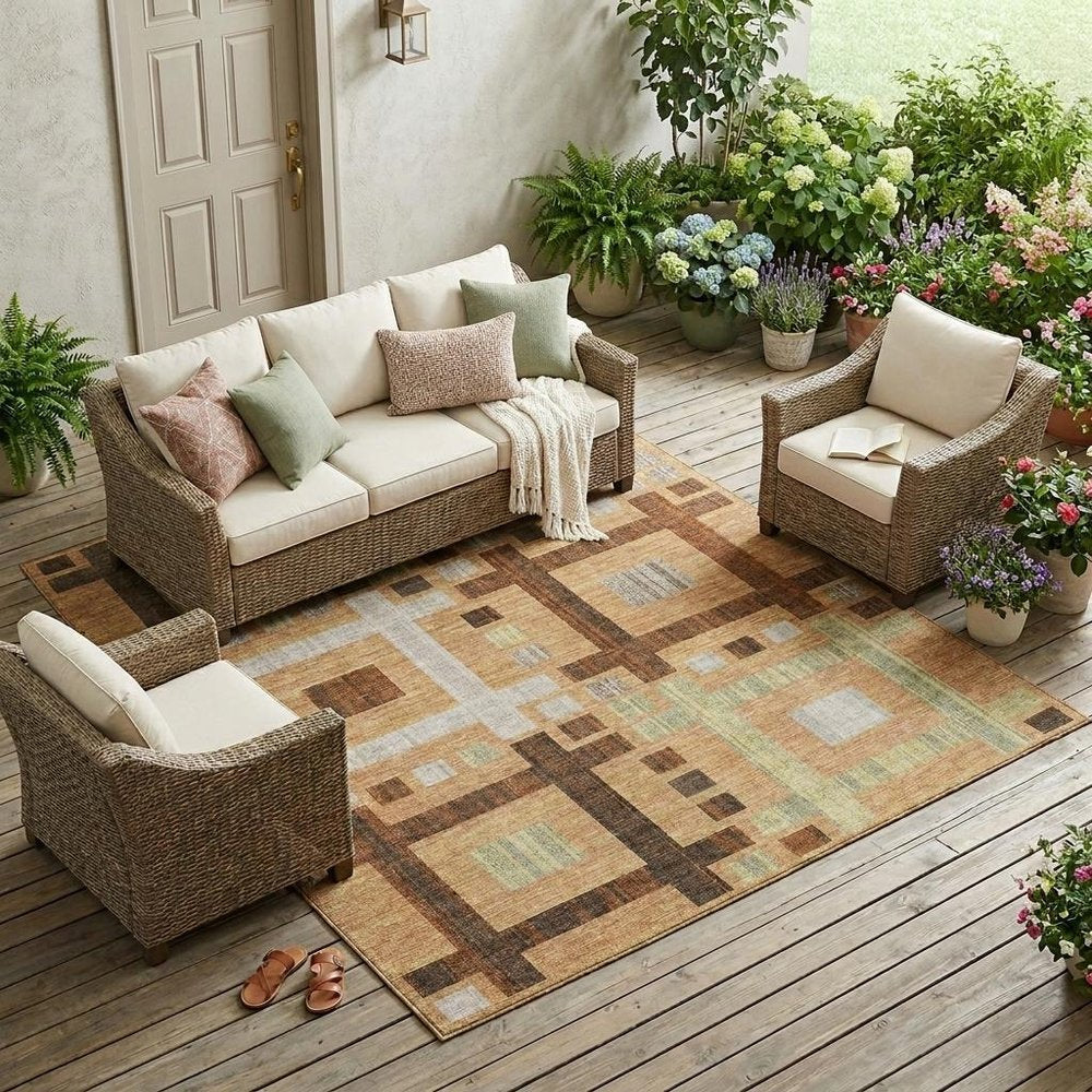 8' X 10' Copper And Brown Geometric Washable Indoor Outdoor Area Rug