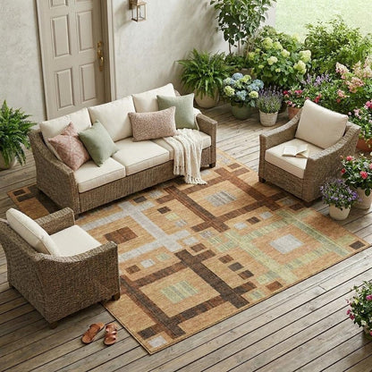 8' X 10' Copper And Brown Geometric Washable Indoor Outdoor Area Rug
