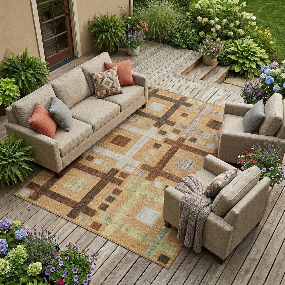 10' X 14' Copper And Brown Geometric Washable Indoor Outdoor Area Rug