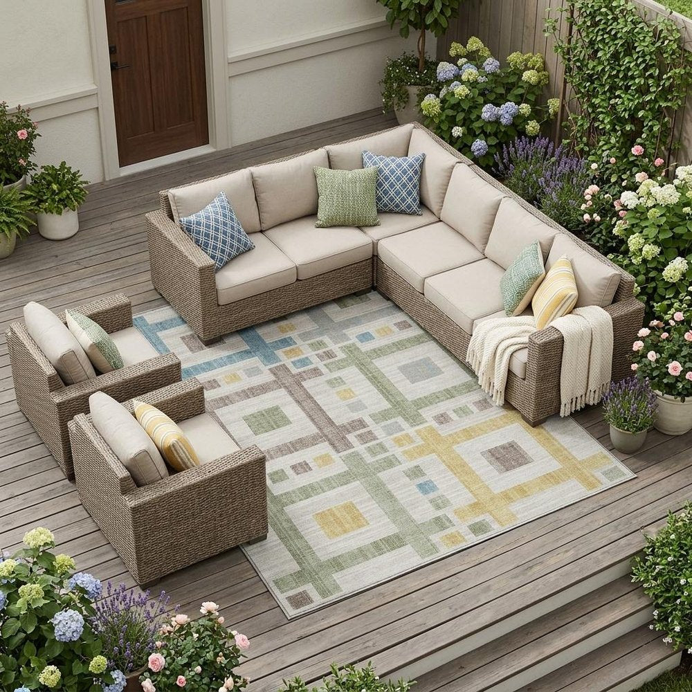 8' X 10' Ivory And Linen Geometric Washable Indoor Outdoor Area Rug HomeRoots