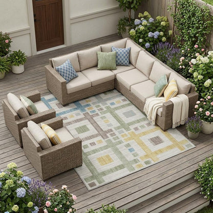 8' X 10' Ivory And Linen Geometric Washable Indoor Outdoor Area Rug HomeRoots