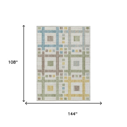 9' X 12' Ivory And Linen Geometric Washable Indoor Outdoor Area Rug